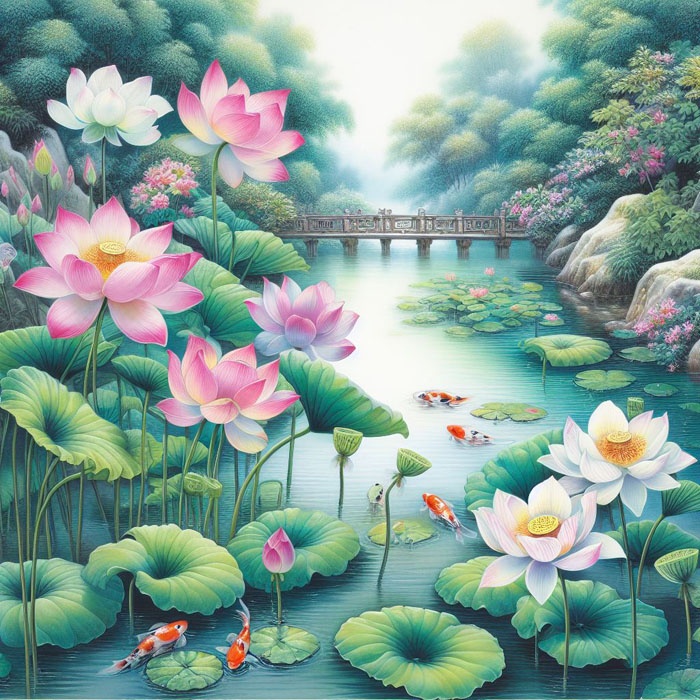 A beautiful Chinese watercolor painting featuring a tranquil lotus pond surrounded by lush greenery