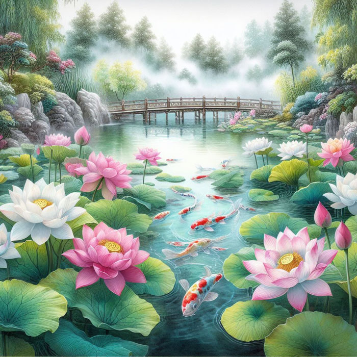 A beautiful Chinese watercolor painting featuring a tranquil lotus pond surrounded by lush greenery