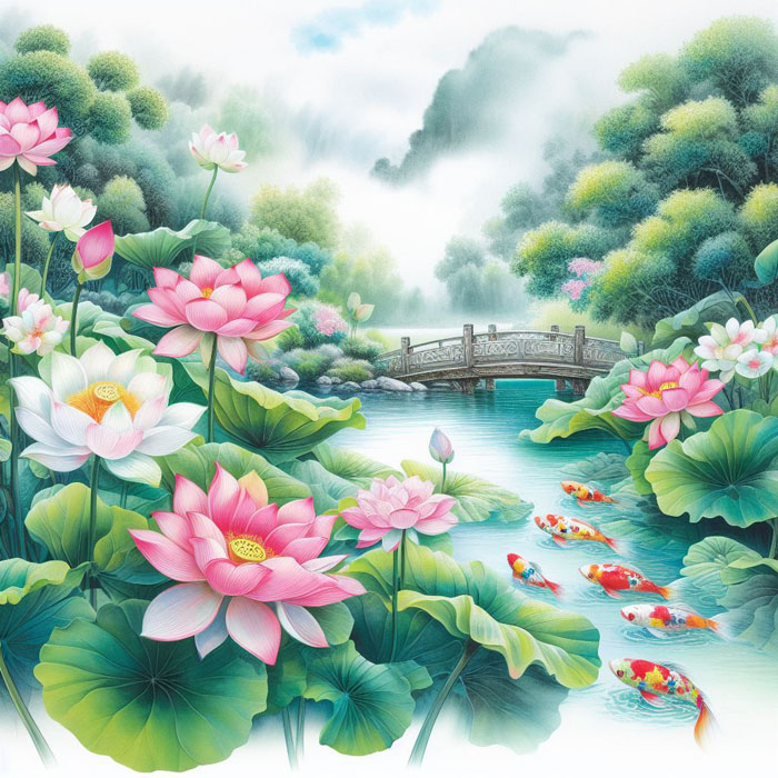 A beautiful Chinese watercolor painting featuring a tranquil lotus pond surrounded by lush greenery