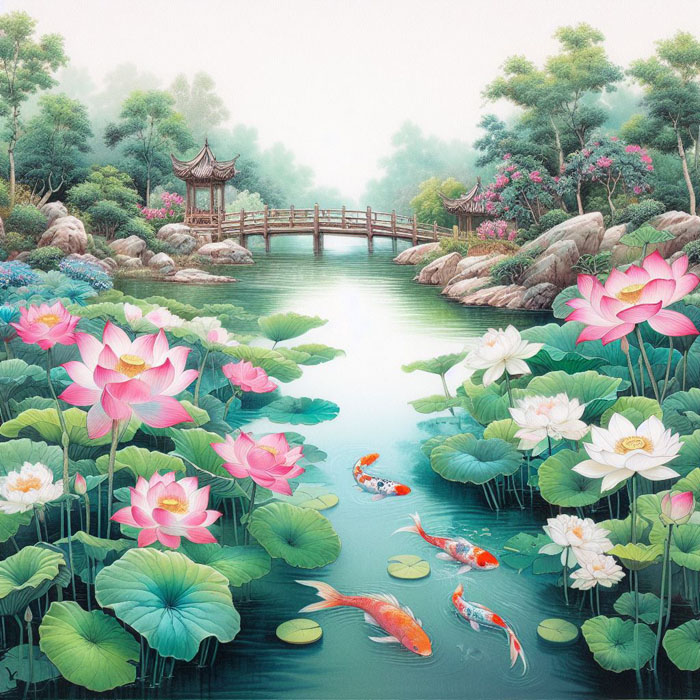 A beautiful Chinese watercolor painting featuring a tranquil lotus pond surrounded by lush greenery