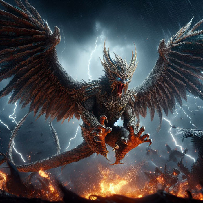 Epic movie scene featuring Garuda, realistic and highly detailed creature design