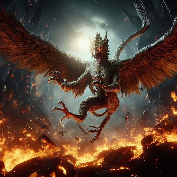 Epic movie scene featuring Garuda, realistic and highly detailed creature design