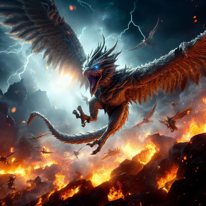 Epic movie scene featuring Garuda, realistic and highly detailed creature design