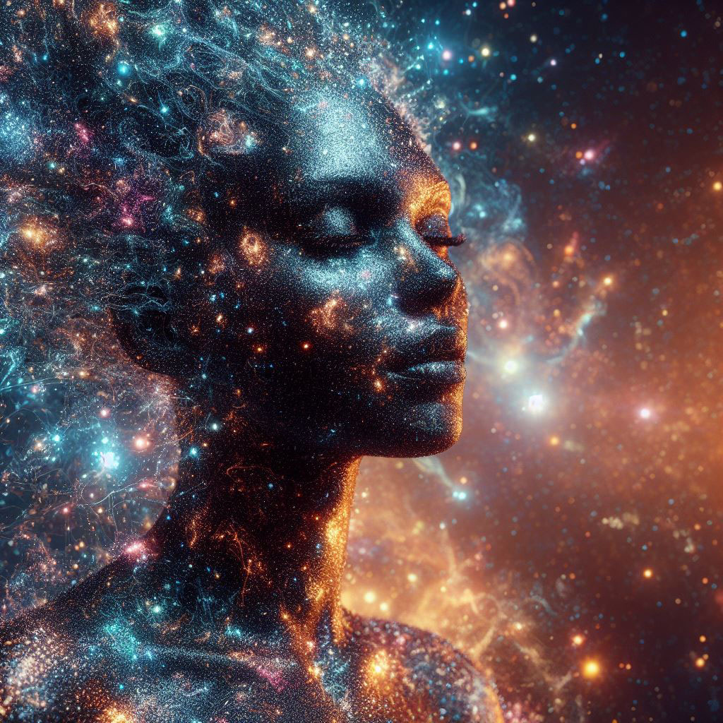 female figure made up of galaxies