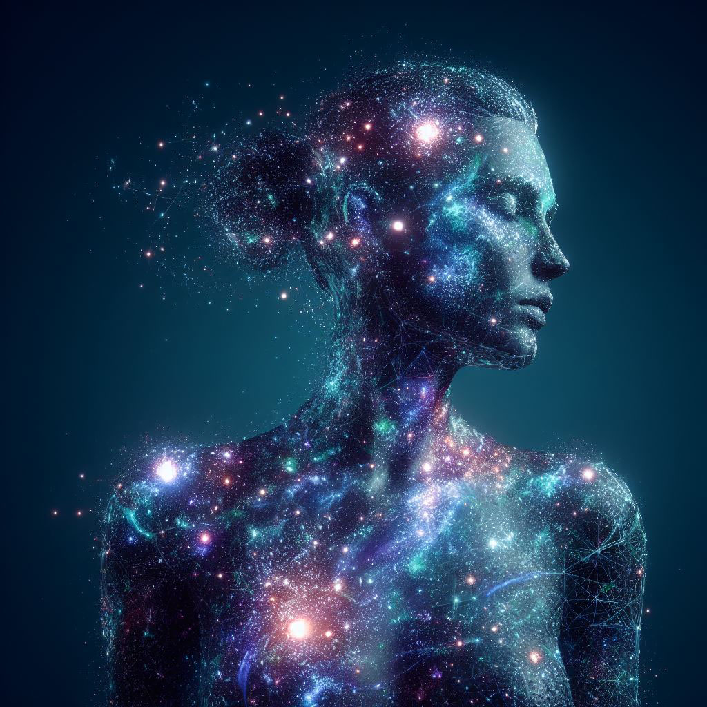 female figure made up of galaxies