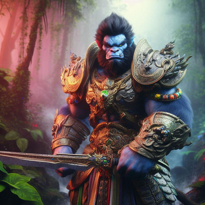 FREE PROMPT:>

Thai giant warrior in full armor, standing in a lush jungle setting, holding a sword, battle-ready expression, hyperealistic CGI, misty colorful light, high-end CGI, hyperrealistic, intricate details, detailed eyes, perfect facial features, perfect symmetry, glowing hair, vibrant colors, photorealistic. Create in colorful splashes with stunning textures and lighting, colorful splashes background, ultra HD 8k