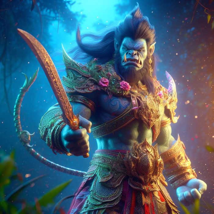 FREE PROMPT:>

Thai giant warrior in full armor, standing in a lush jungle setting, holding a sword, battle-ready expression, hyperealistic CGI, misty colorful light, high-end CGI, hyperrealistic, intricate details, detailed eyes, perfect facial features, perfect symmetry, glowing hair, vibrant colors, photorealistic. Create in colorful splashes with stunning textures and lighting, colorful splashes background, ultra HD 8k