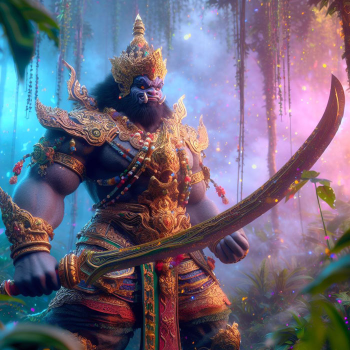 FREE PROMPT:>

Thai giant warrior in full armor, standing in a lush jungle setting, holding a sword, battle-ready expression, hyperealistic CGI, misty colorful light, high-end CGI, hyperrealistic, intricate details, detailed eyes, perfect facial features, perfect symmetry, glowing hair, vibrant colors, photorealistic. Create in colorful splashes with stunning textures and lighting, colorful splashes background, ultra HD 8k