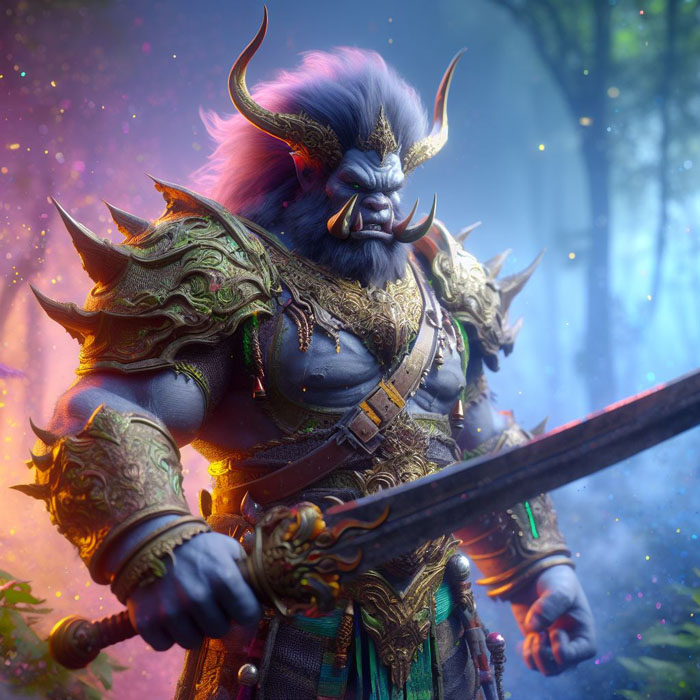 FREE PROMPT:>

Thai giant warrior in full armor, standing in a lush jungle setting, holding a sword, battle-ready expression, hyperealistic CGI, misty colorful light, high-end CGI, hyperrealistic, intricate details, detailed eyes, perfect facial features, perfect symmetry, glowing hair, vibrant colors, photorealistic. Create in colorful splashes with stunning textures and lighting, colorful splashes background, ultra HD 8k