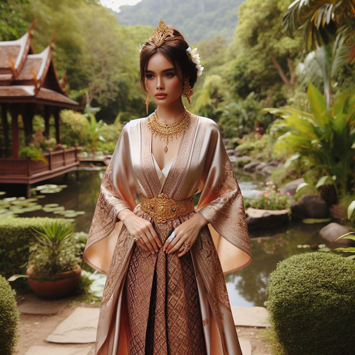 A full-body shot of a Thai woman wearing a long, flowing silk dress with a patterned sash and intricate gold jewelry, standing in a picturesque Thai garden.