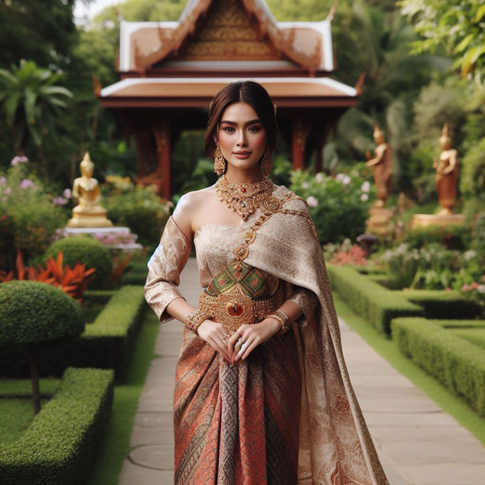 A full-body shot of a Thai woman wearing a long, flowing silk dress with a patterned sash and intricate gold jewelry, standing in a picturesque Thai garden.