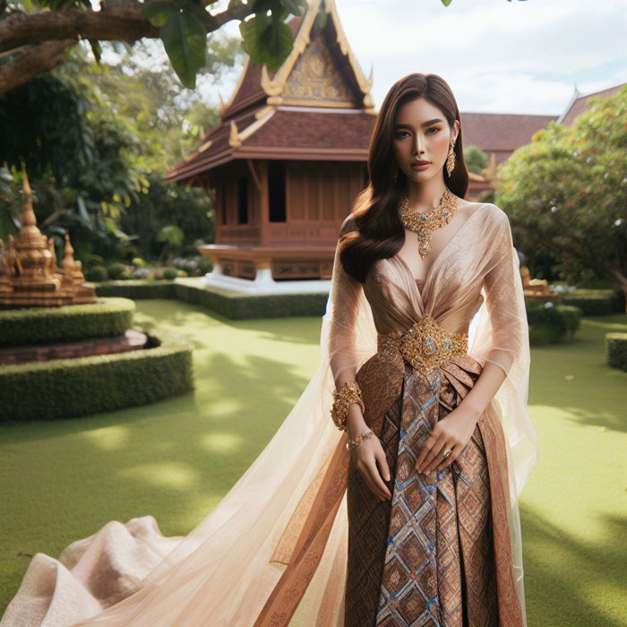 A full-body shot of a Thai woman wearing a long, flowing silk dress with a patterned sash and intricate gold jewelry, standing in a picturesque Thai garden.