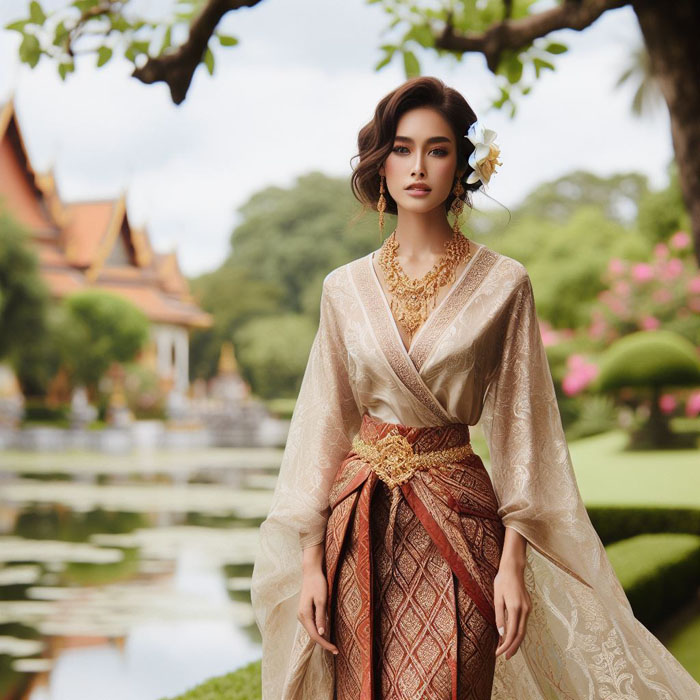 A full-body shot of a Thai woman wearing a long, flowing silk dress with a patterned sash and intricate gold jewelry, standing in a picturesque Thai garden.