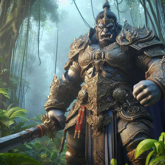 Thoroughly detailed 3d character concept art of a mighty Thai giant warrior in full armor