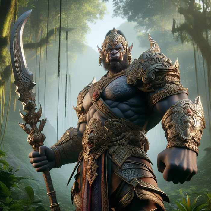 Thoroughly detailed 3d character concept art of a mighty Thai giant warrior in full armor