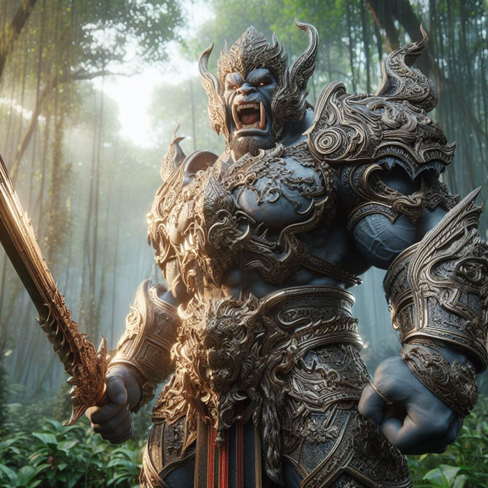 Thoroughly detailed 3d character concept art of a mighty Thai giant warrior in full armor