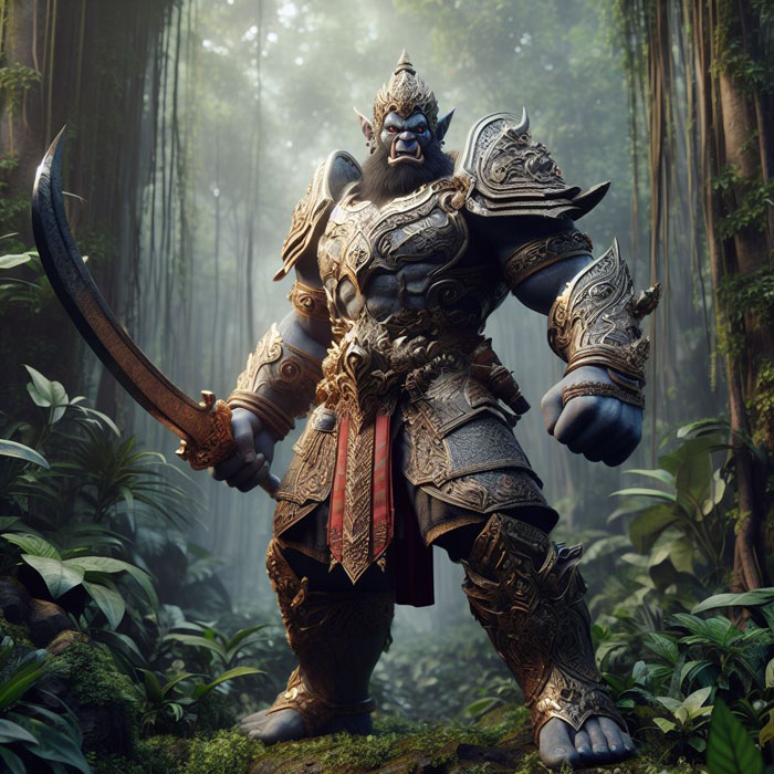 Thoroughly detailed 3d character concept art of a mighty Thai giant warrior in full armor