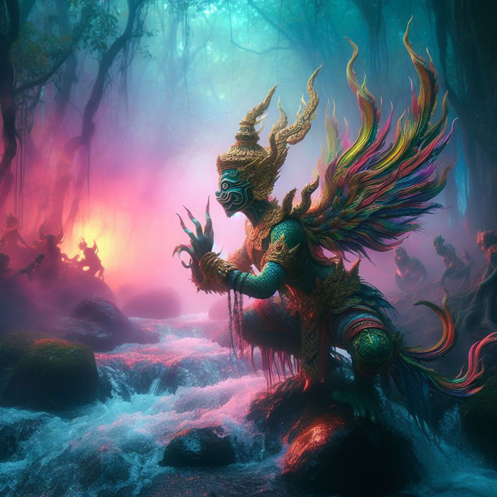 mythical Thai creature playing in rushing stream