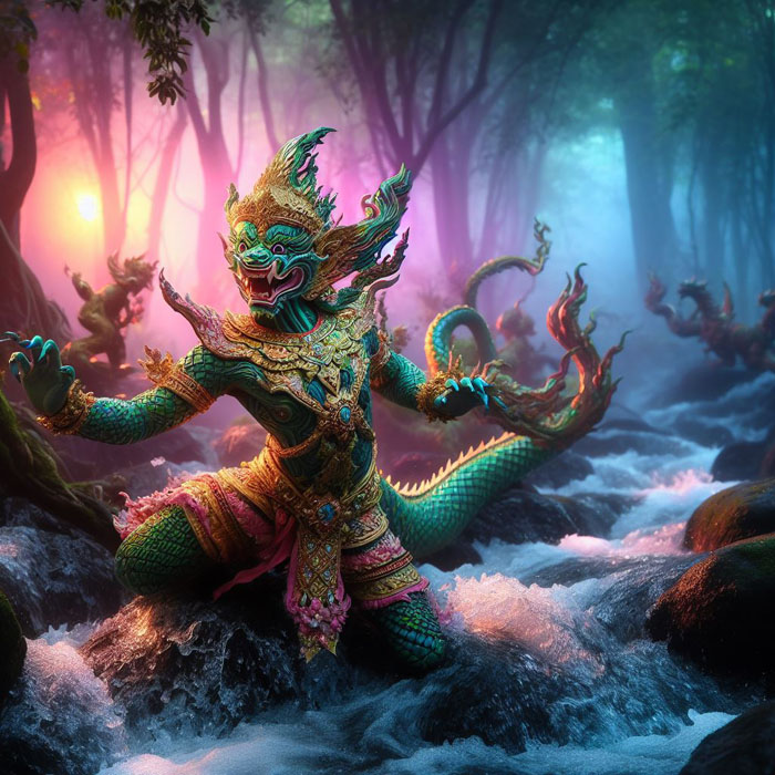 mythical Thai creature playing in rushing stream