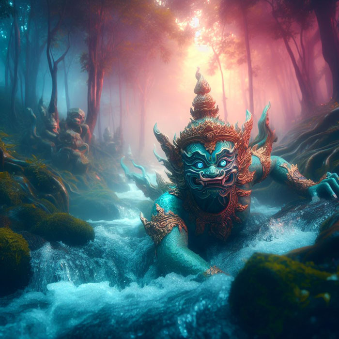 mythical Thai creature playing in rushing stream