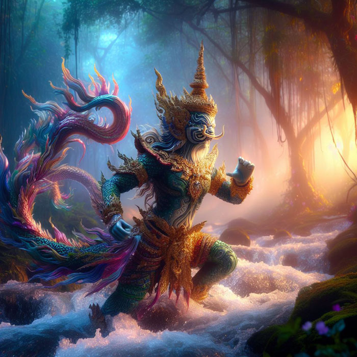 mythical Thai creature playing in rushing stream