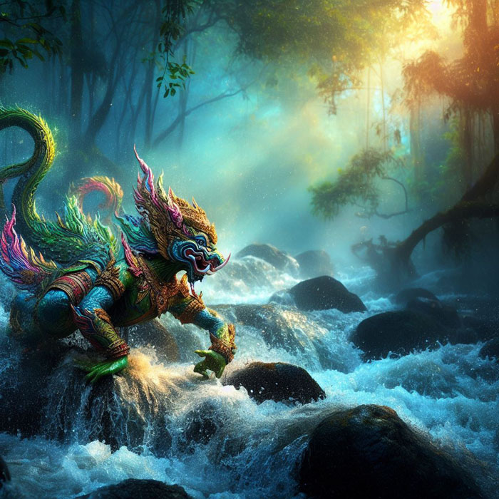 mythical Thai creature playing in rushing stream