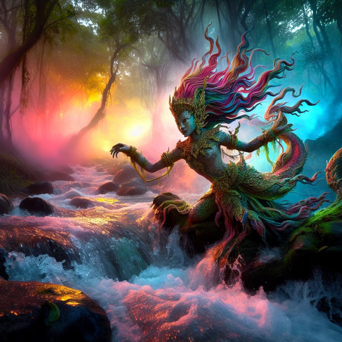 mythical Thai creature playing in rushing stream