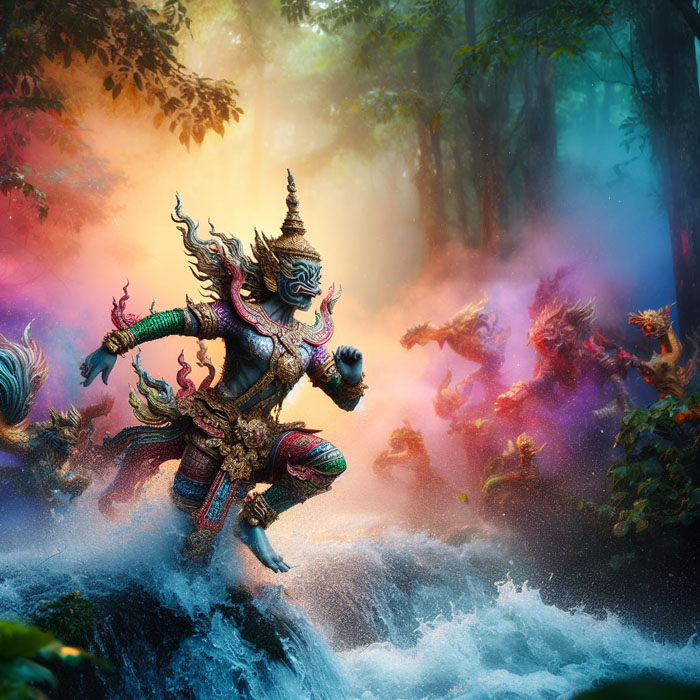 mythical Thai creature playing in rushing stream