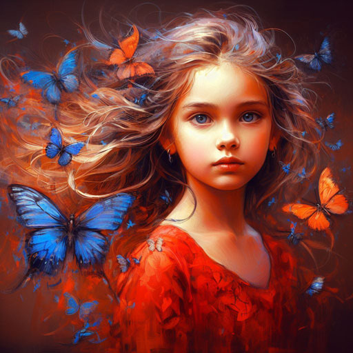 portrait of girl in red with blue butterflies2