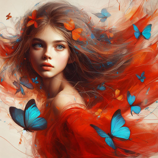 portrait of girl in red with blue butterflies2