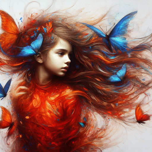 portrait of girl in red with blue butterflies2