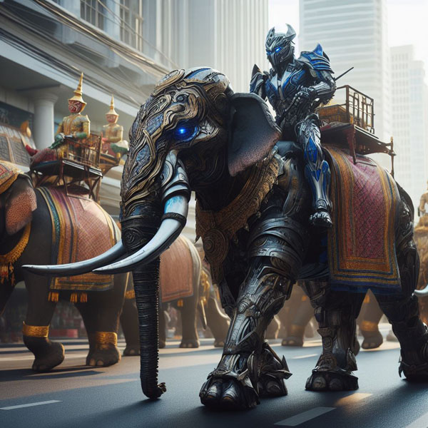 Transformers main characters wear hi-tech armour Traditional Thai Patterns style riding Thai armour telephants in fighting scence