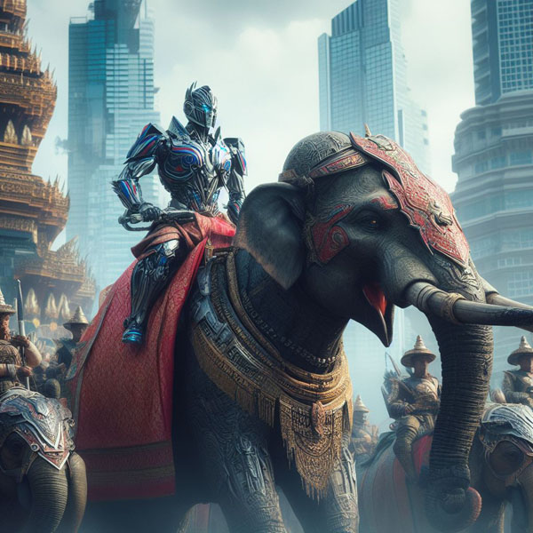 Transformers main characters wear hi-tech armour Traditional Thai Patterns style riding Thai armour telephants in fighting scence