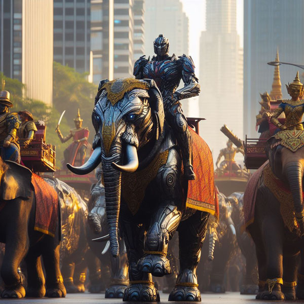 Transformers main characters wear hi-tech armour Traditional Thai Patterns style riding Thai armour telephants in fighting scence