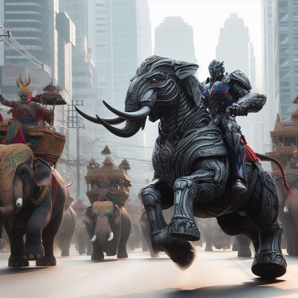 Transformers main characters wear hi-tech armour Traditional Thai Patterns style riding Thai armour telephants in fighting scence