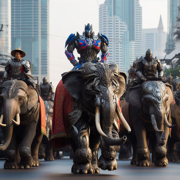 Transformers main characters wear hi-tech armour Traditional Thai Patterns style riding Thai armour telephants in fighting scence