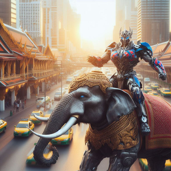 Transformers main characters wear hi-tech armour Traditional Thai Patterns style riding Thai armour telephants in fighting scence