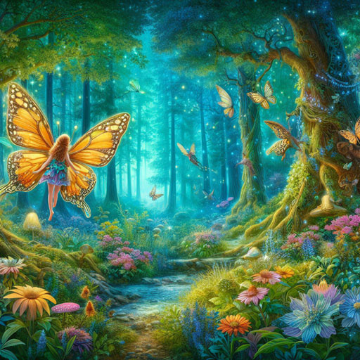 small fairy with butterfly wings in a vibrant