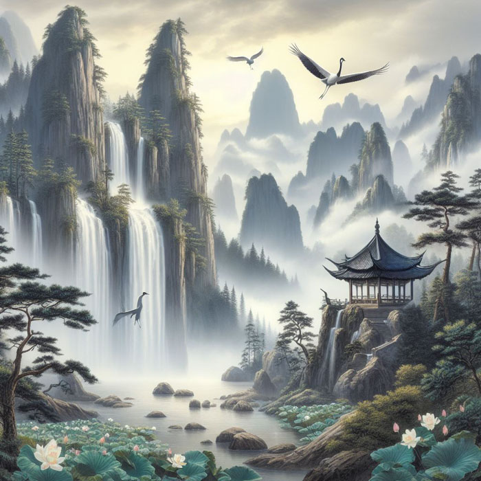 A stunning Chinese landscape painting depicting towering mountains covered in mist