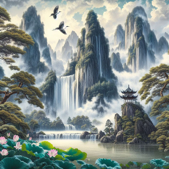 A stunning Chinese landscape painting depicting towering mountains covered in mist