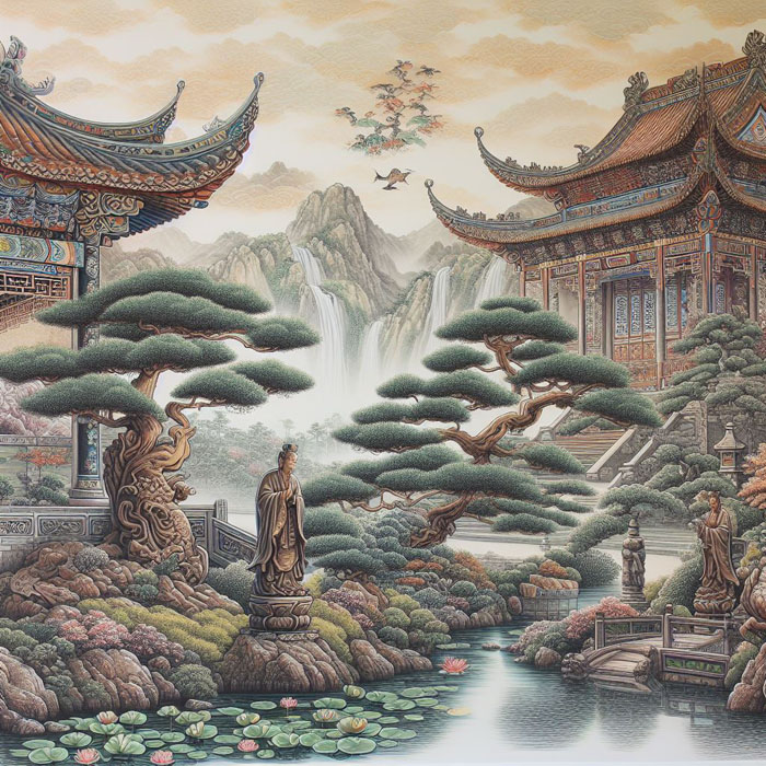 A stunning Chinese scroll painting featuring a peaceful temple garden