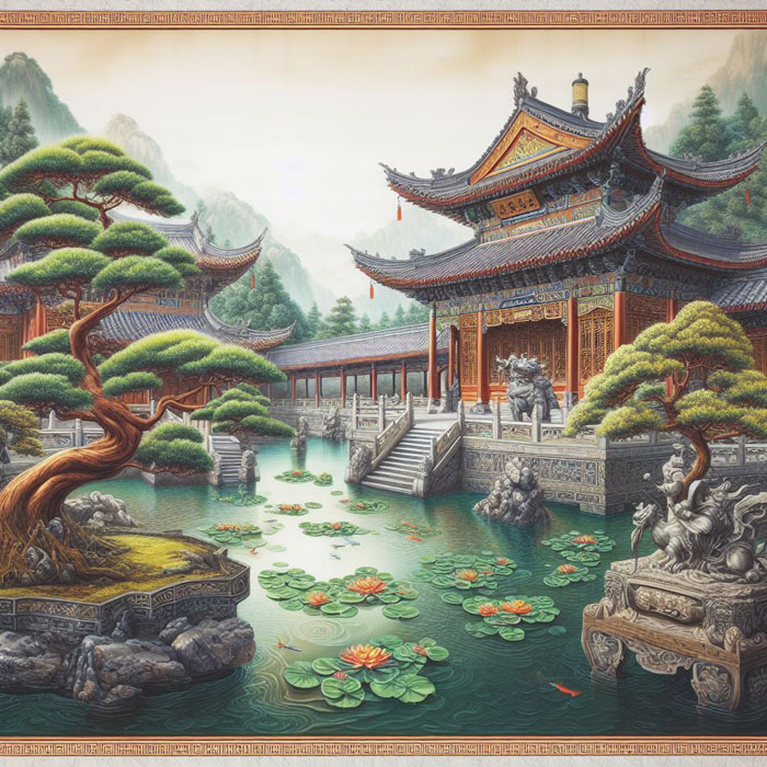 A stunning Chinese scroll painting featuring a peaceful temple garden