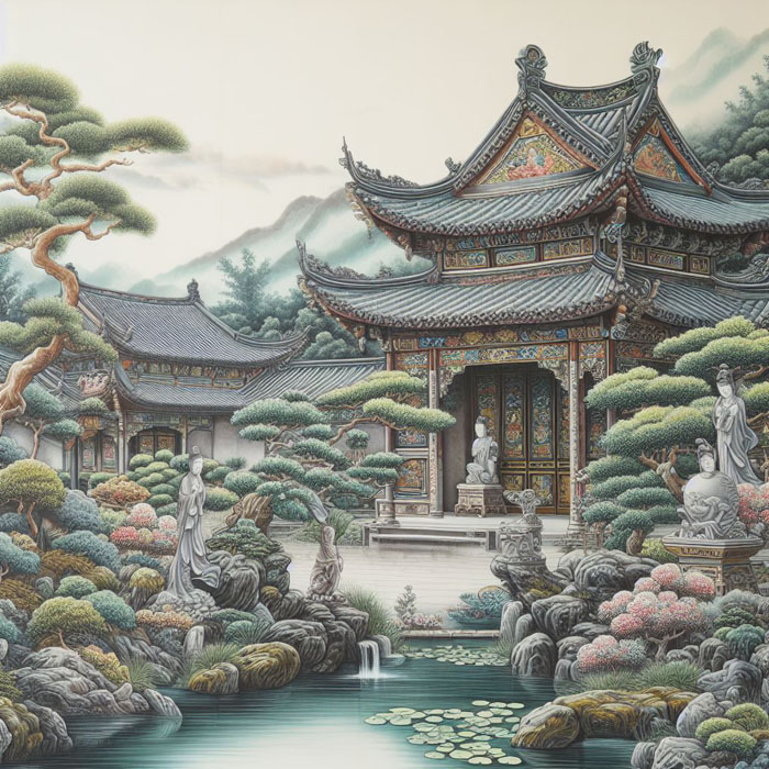 A stunning Chinese scroll painting featuring a peaceful temple garden