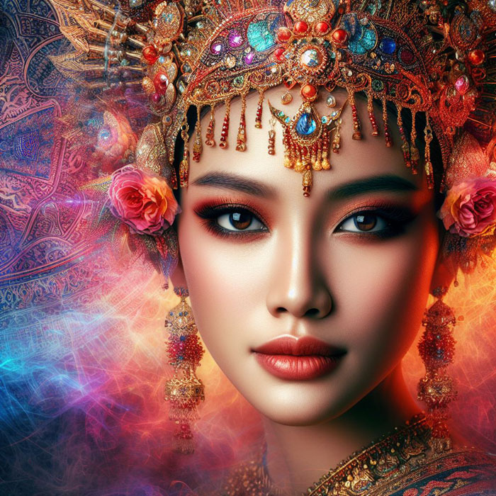 stunning portrait of a Thai woman with a traditional headdress and jewelry