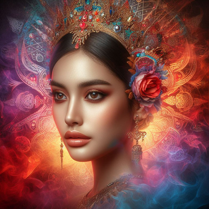 stunning portrait of a Thai woman with a traditional headdress and jewelry