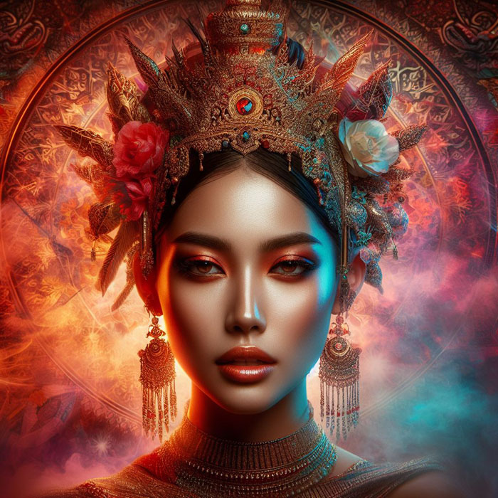 stunning portrait of a Thai woman with a traditional headdress and jewelry