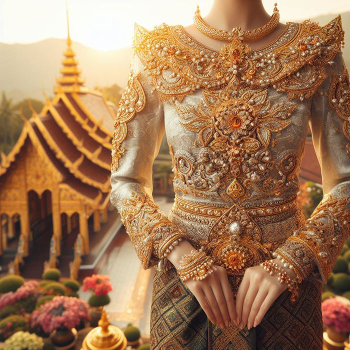 traditional Thai silk dress embellished with gold jewelry