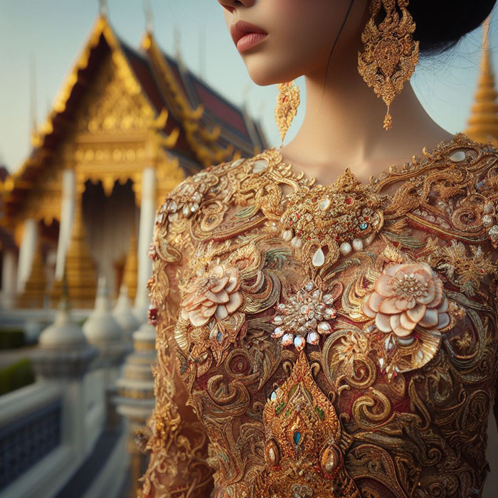 traditional Thai silk dress embellished with gold jewelry