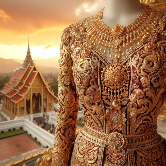 traditional Thai silk dress embellished with gold jewelry