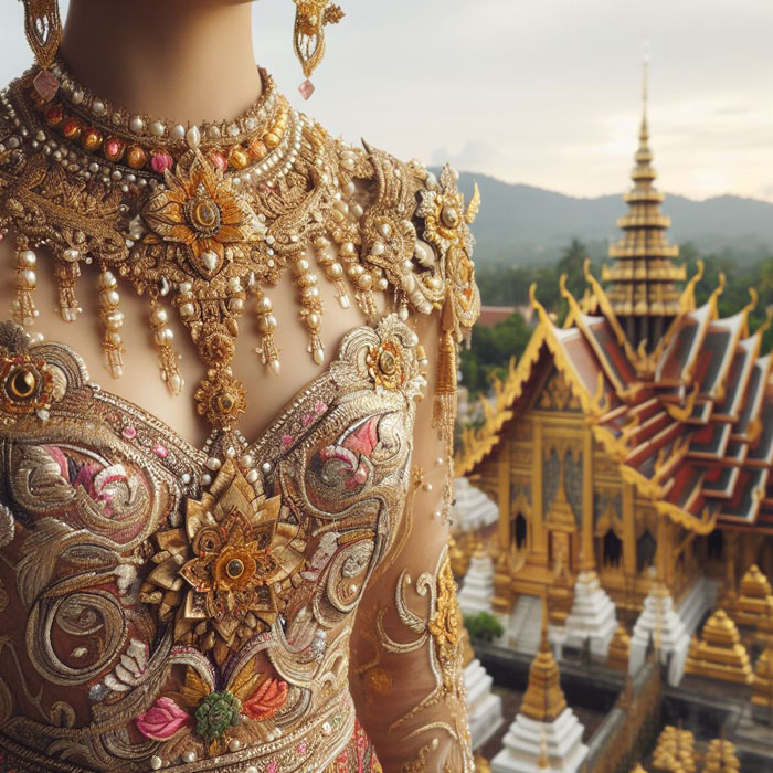 traditional Thai silk dress embellished with gold jewelry